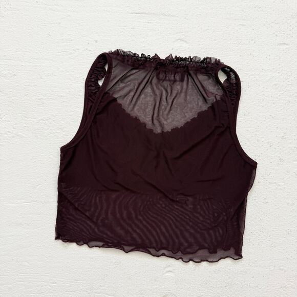 Cider Mesh Velvet Trim Crop Top Sheer Stretchy Burgundy M-L - Picture 5 of 5